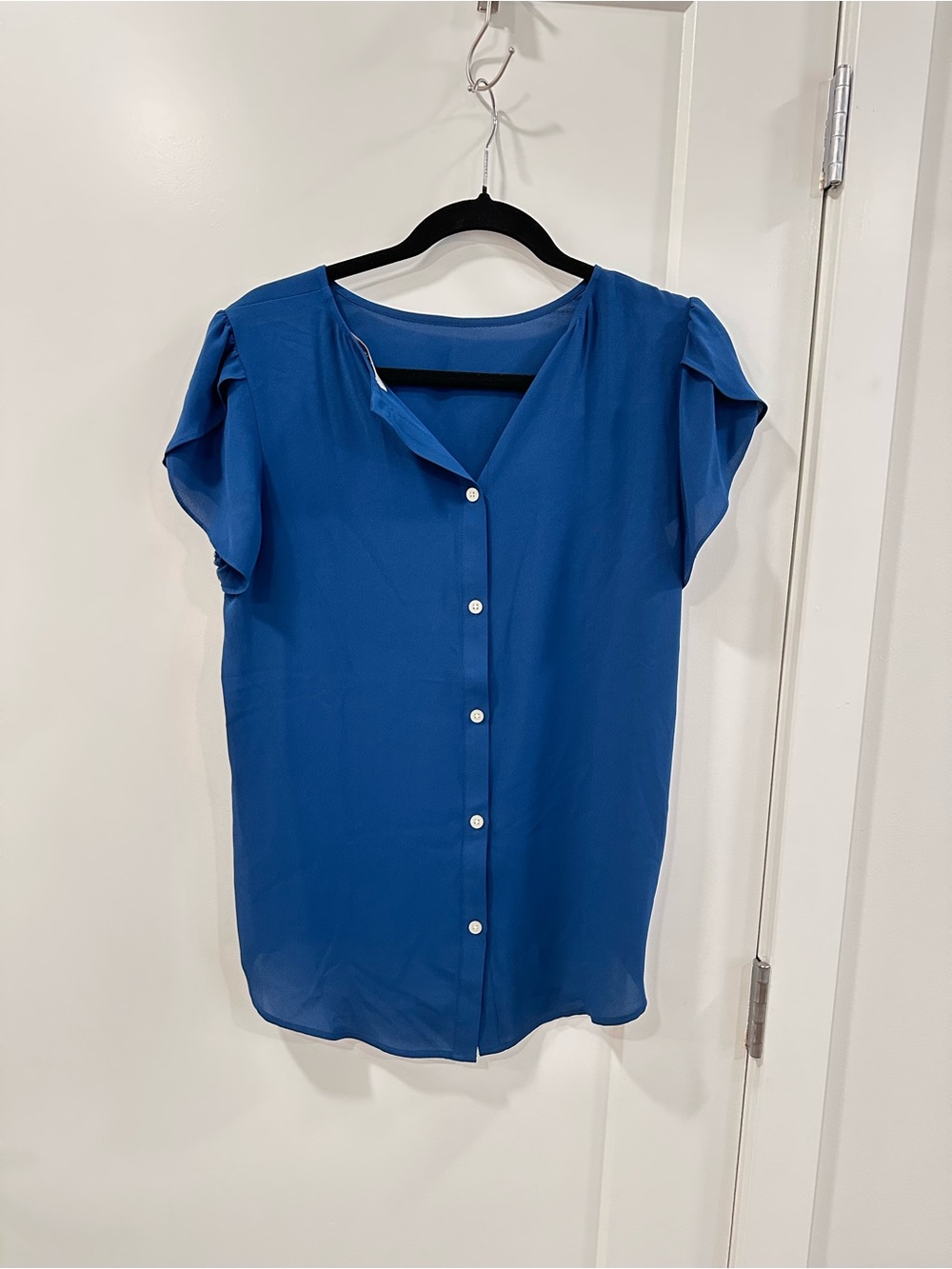 NWT LOFT Teal Tulip Sleeve Button Back Blouse Size S